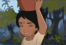 a cartoon girl carrying a pot on her head