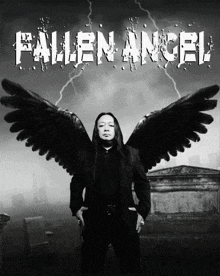 a black and white photo of a man with fallen angel written on the bottom