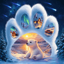 a polar bear cub is sitting in a paw print with a house in the background