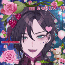 a picture of a girl surrounded by pink roses and hearts with the words love sweet love