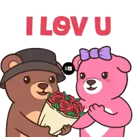 a cartoon of a teddy bear giving flowers to a pink teddy bear with the words i love u