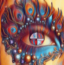 a close up of a woman 's eye with peacock feathers and pearls .