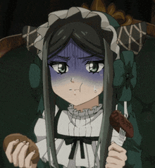 a girl with a purple face is holding a fork and a piece of meat