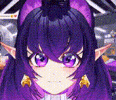 a close up of a purple anime girl with purple eyes