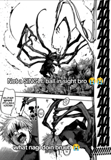 a black and white drawing of a spider with a caption that says not a single ball in sight bro
