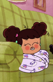 a cartoon of a girl wrapped in a blanket with pandas on it