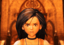 a close up of a video game character with a choker around her neck
