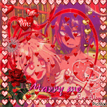 a picture of a girl and a boy with hearts around them and the words love you marry me