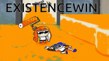 a cartoon character is laying on the ground with the words " existencewin " above them