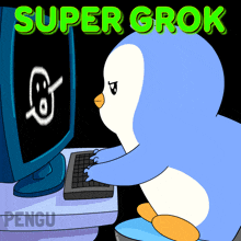 a penguin is typing on a keyboard in front of a computer screen with super grok written above it