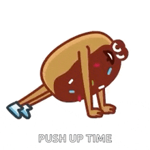 a cartoon of a hot dog doing push ups with the words push up time below it .