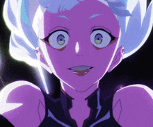 a close up of a cartoon character with purple hair and green eyes