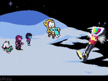 a group of cartoon characters are standing in the snow while a cartoon character is sitting in a chair ..