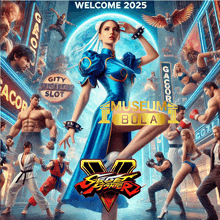 a poster for street fighter v shows chun li in a blue dress