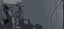 a 3d model of a robot standing in a room with wires