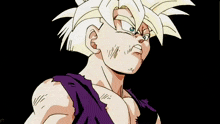 a close up of a cartoon character with white hair and a purple shirt