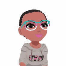 a cartoon of a girl wearing glasses and a sweatshirt .