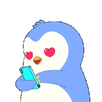 a penguin with hearts in its eyes is holding a cellphone