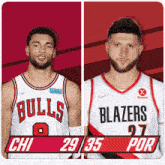 two basketball players wearing bulls and blazers uniforms