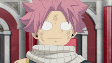 a cartoon character with pink hair has white eyes