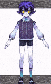 a drawing of a person with purple hair wearing a sweater vest and shorts