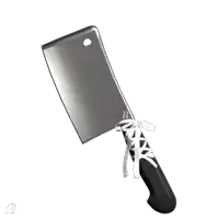a cleaver with a black handle and white laces has the letter b on the blade