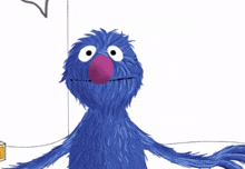 a blue monster with a pink nose is waving in front of a speech bubble that says hello