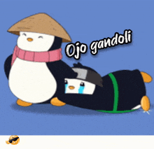 a cartoon of a penguin wearing a hat and a scarf with the words ojo gandoli above it