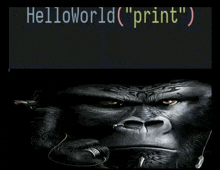 a picture of a gorilla with headphones and the words helloworld ( " print " ) below it