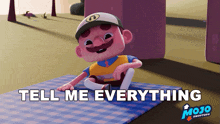 a cartoon character is sitting on a picnic mat with the words tell me everything above him