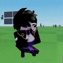 a cartoon character is standing in a grassy field wearing sunglasses and a necklace .
