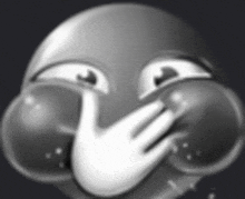 a black and white drawing of a smiley face with a hand covering its mouth .