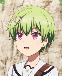 a girl with green hair and pink eyes has a pink circle in her hair