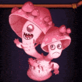 a cartoon drawing of two pink mushrooms one with a sad face