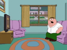 peter griffin is sitting on a couch in a living room watching tv