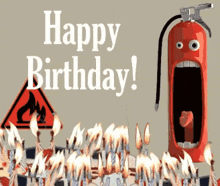 a happy birthday card with a fire extinguisher with a face on it