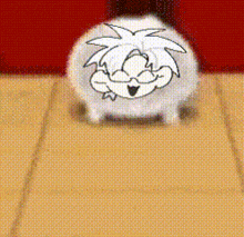 a cartoon character is sitting on a carpet with a red background .