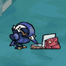 a blue cartoon character is standing next to a pink cartoon character .