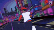 a cartoon character is riding a bike down a street in a city .