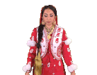 a woman in a red and white dress has the number 3 on her jacket