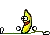 a pixel art drawing of a banana with a smile on its face standing on a table .