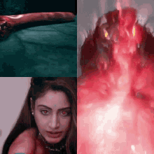 a woman with red eyes is surrounded by a snake and a fireball .