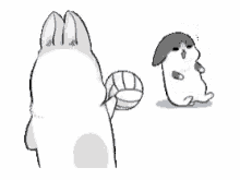 two rabbits are standing next to each other on a white background . one of the rabbits is holding a ball .