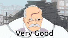a cartoon character with a mustache and the words very good on the bottom