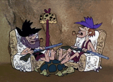 two cartoon characters sitting in chairs with guns