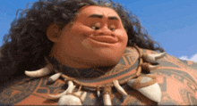 a close up of a cartoon character from the movie moana wearing a necklace with teeth .