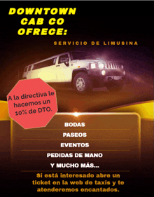 an advertisement for downtown cab co offers a 10 % dto