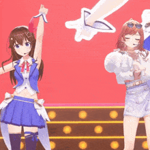 two anime girls are dancing on a stage and one has a sword in her hand