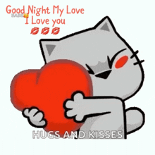 a cartoon cat is hugging a red heart and says good night my love hugs and kisses