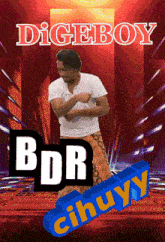 a man in a white shirt is dancing in front of a sign that says digeboy